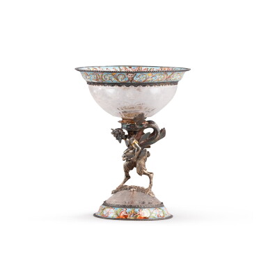 View full screen - View 1 of Lot 234. Cup in engraved Roche crystal, mounted in enamelled silver, probably Austria-Hungary circa 1870 | Coupe en cristal de Roche gravé, monté en argent émaillé, probablement Autriche-Hongrie vers 1870.