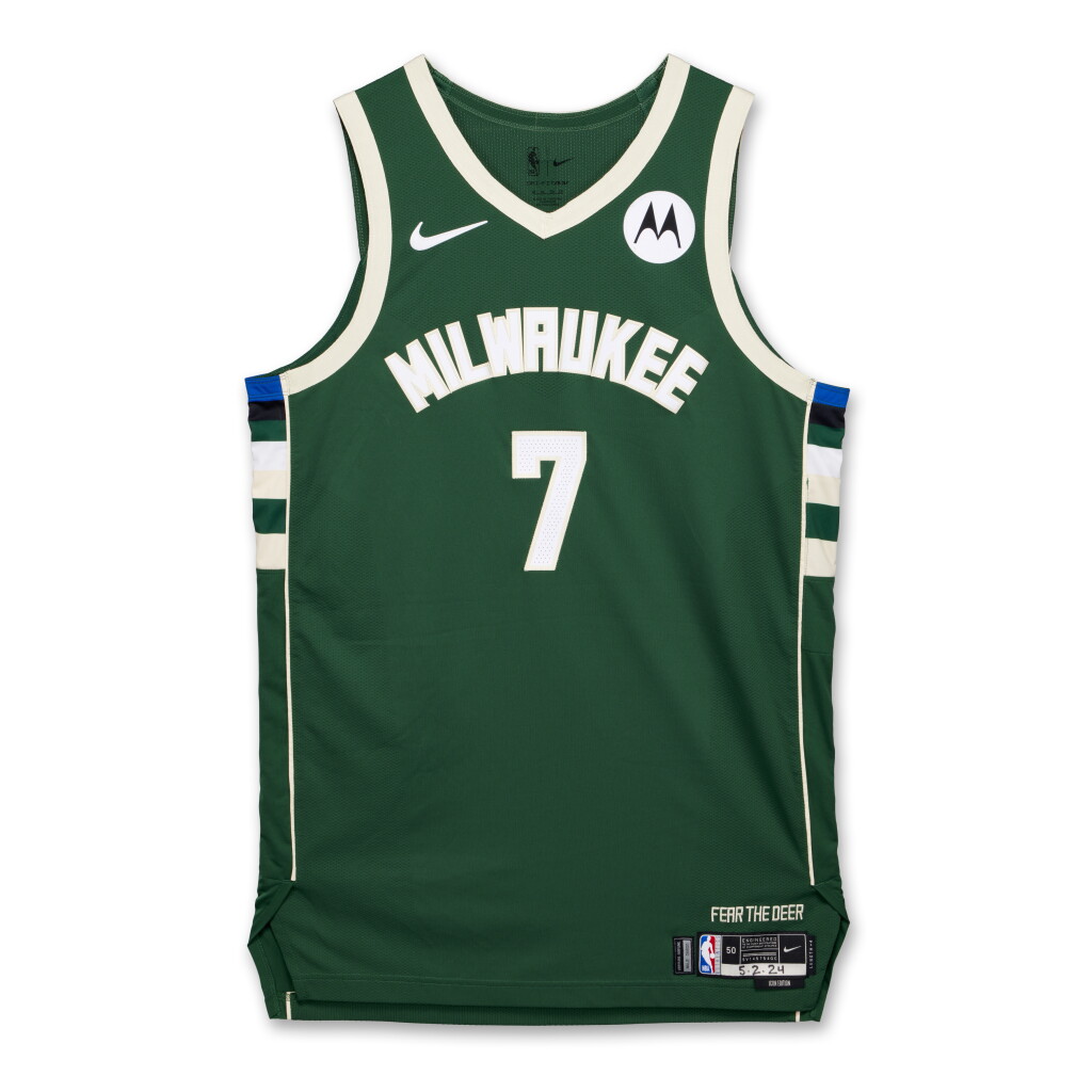 View full screen - View 1 of Lot 153. Chris Livingston Milwaukee Bucks 2023-2024 NBA Eastern Conference Round 1 Game Issued Icon Edition Jersey | Game 6 | Probable Wear.