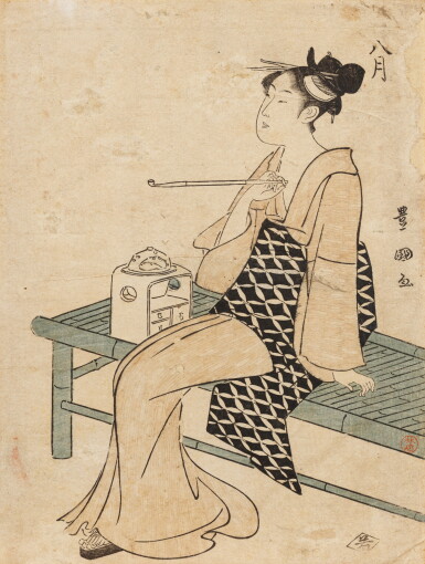 View full screen - View 1 of Lot 216. Utagawa Toyokuni I, Lady smoking seated on a bench | 歌川豊国 《八月》木板版畫.