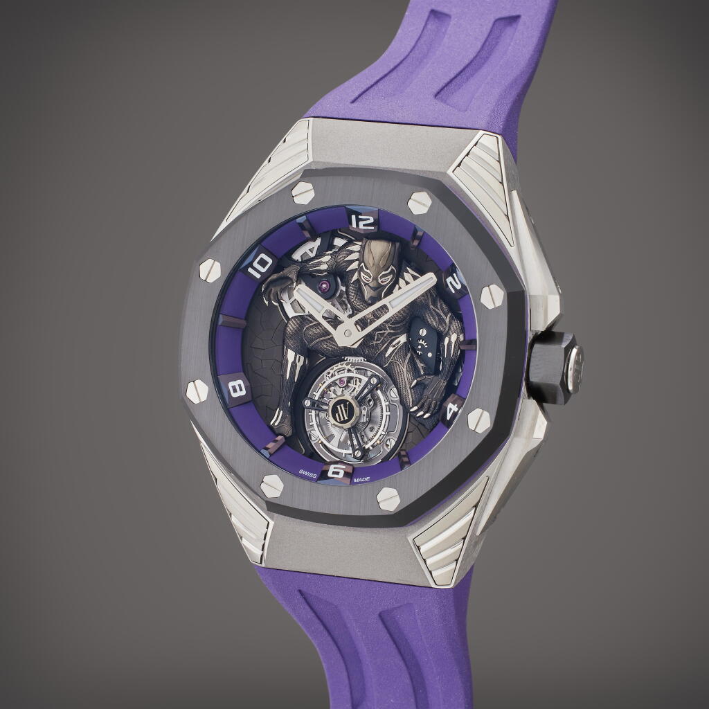 View full screen - View 1 of Lot 165. Reference 26620IO.OO.D077CA.01 Royal Oak Concept 'Black Panther' | A limited edition semi-skeletonized flying tourbillon wristwatch with hand-painted white gold Marvel Black Panther 3D figure, Circa 2021 .