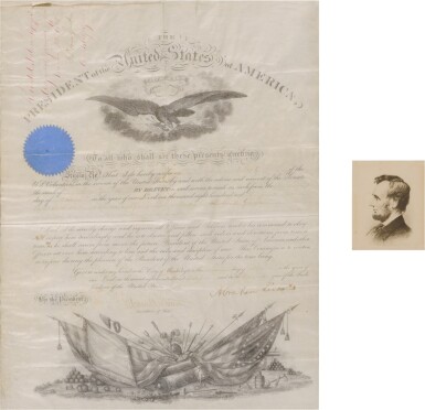 View full screen - View 1 of Lot 47. Lincoln, Abraham | A military commission for Charles R. Woods, "...for long and continued services, and for special gallantry...".