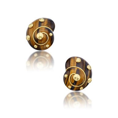 View full screen - View 1 of Lot 140. Pair of Tiger's Eye and Gold Earclips.