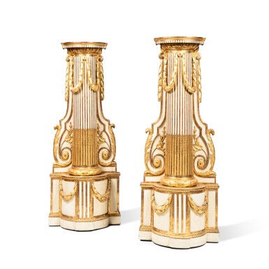 View full screen - View 1 of Lot 33. A pair of Louis XVI regilt and lacquered wood pedestals, circa 1780, in the taste of Jean-Charles Delafosse | Paire de gaines en bois redoré et rechampi d'époque Louis XVI, vers 1780, dans le goût de Jean-Charles Delafosse.
