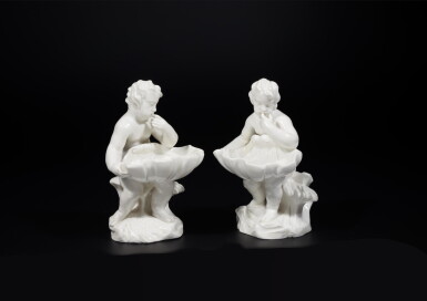 View full screen - View 1 of Lot 143. A rare pair of Dutch white porcelain figural salts, Weesper Porseleinfabriek, Weesp, between 1759-1771 | Rare paire de salières aux putti en porcelaine de la manufacture de Weesp, entre 1759-1771.