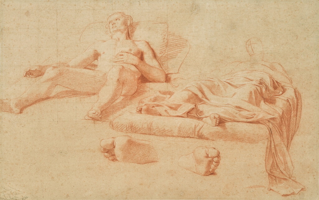 View full screen - View 1 of Lot 708. Two studies of a male figure lying on a bed, and a separate study of his feet.