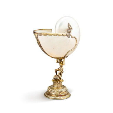 View full screen - View 1 of Lot 326. An Elizabeth I silver-gilt-mounted nautilus cup, maker's mark IE three pellets below, probably for John Evans, London, 1600.