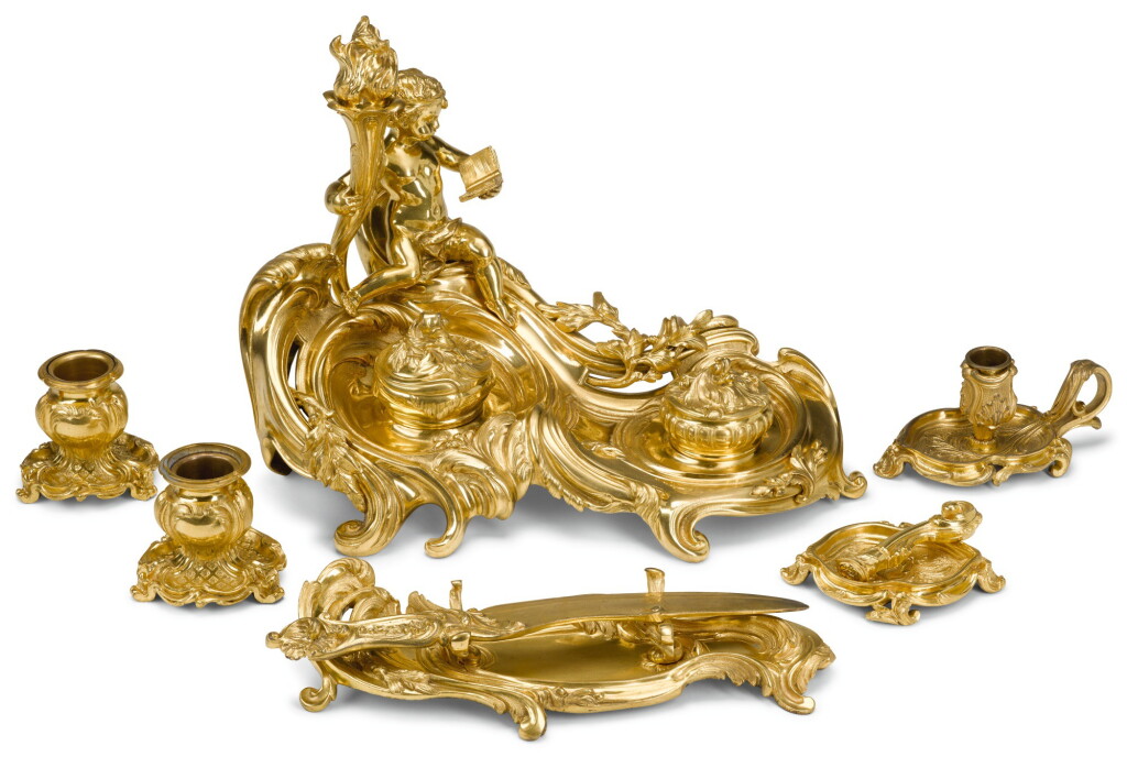 View full screen - View 1 of Lot 53. A GROUP OF LOUIS XV STYLE GILT-BRONZE DESK SET, BY LÉON MESSAGÉ, LATE 19TH CENTURY .