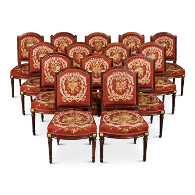 View full screen - View 1 of Lot 718. A Set of Fourteen Louis-Philippe Parcel Gilt Rosewood Side Chairs in the Louis XVI Revival Style, Circa 1850.
