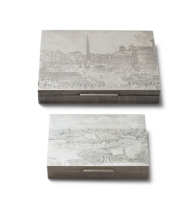 View full screen - View 1 of Lot 42. Two rectangular cigarette cases engraved with city views, Federico Buccellati, Milan 20th century | Deux étuis à cigarettes rectangulaires gravés de vues de villes par Federico Buccellati, Milan, XXe siècle.