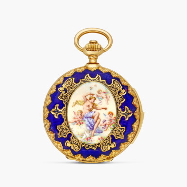 View full screen - View 1 of Lot 2316. A pink gold and enamel minute repeating hunting case keyless lever pendant watch with enamel dial, Circa 1895 .