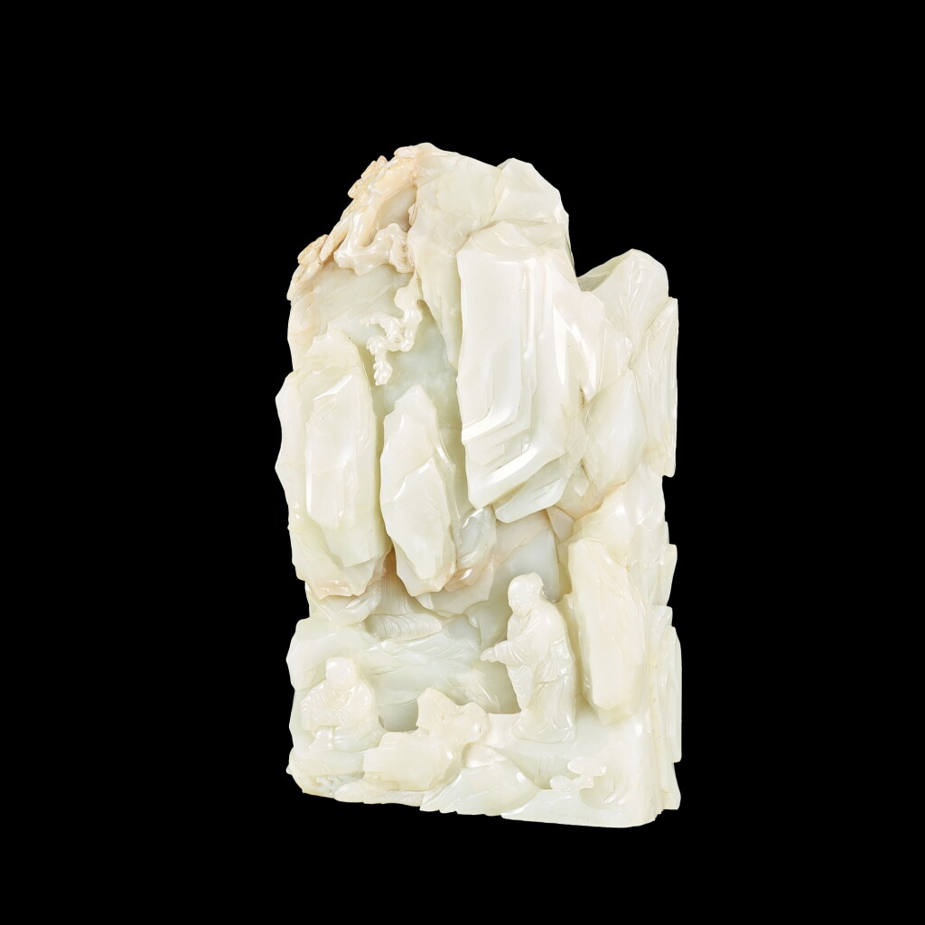 View full screen - View 1 of Lot 3693. A pale green jade 'scholar' mountain Qing dynasty, 18th century | 清十八世紀 青白玉山溪洗硯圖山子.
