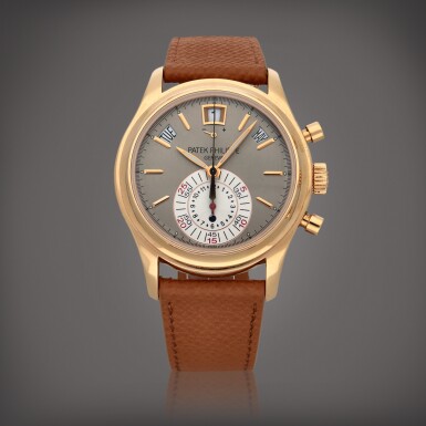 View full screen - View 1 of Lot 1. Reference 5960R-001 A pink gold annual calendar flyback chronograph wristwatch with power reserve and day/night indication Circa 2010 | 百達翡麗 | 型號 5960R-001 粉紅金年曆飛返計時腕錶備動力儲存及晝夜顯示,製作年份約 2010.