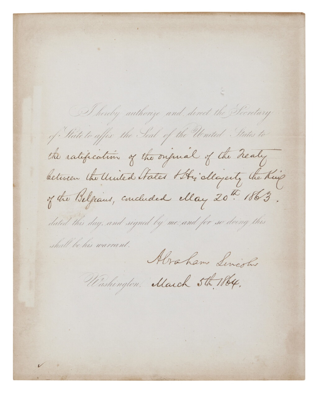 View full screen - View 1 of Lot 1030. Lincoln, Abraham | The President orders the Seal of the United States to be affixed to the Treaty for the Extinguishment of the Scheldt Dues, 1864.