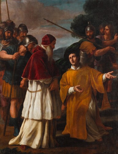 View full screen - View 1 of Lot 27. ROMAN SCHOOL, 17TH CENTURY | SAINT LAWRENCE MEETING POPE SIXTUS ON HIS WAY TO HIS EXECUTION.