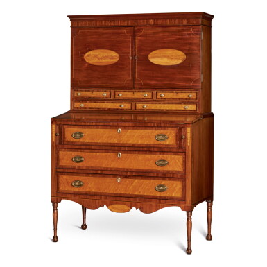 View full screen - View 1 of Lot 1720. FINE FEDERAL FIGURED MAHOGANY, BIRCHWOOD AND MAPLE DESK AND BOOKCASE, ATTRIBUTED TO ALDEN SPOONER (1784-1877), ATHOL, MASSACHUSETTS, CIRCA 1810.