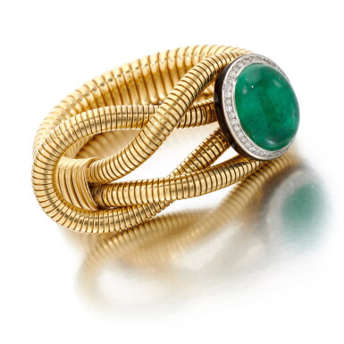 View full screen - View 1 of Lot 46. CARTIER | EMERALD, DIAMOND AND ENAMEL BRACELET (BRACCIALE CON SMERALDO, DIAMANTI E SMALTO), 1940 .