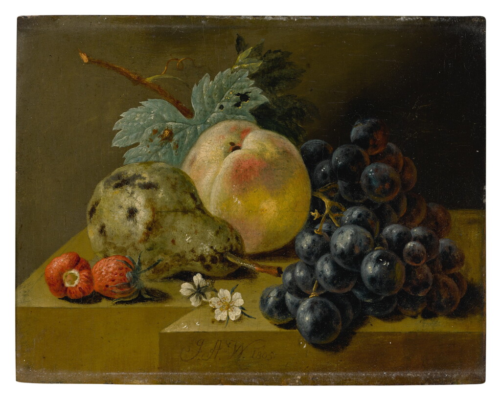 View full screen - View 1 of Lot 533. Still life with ripening fruits on a stone ledge.