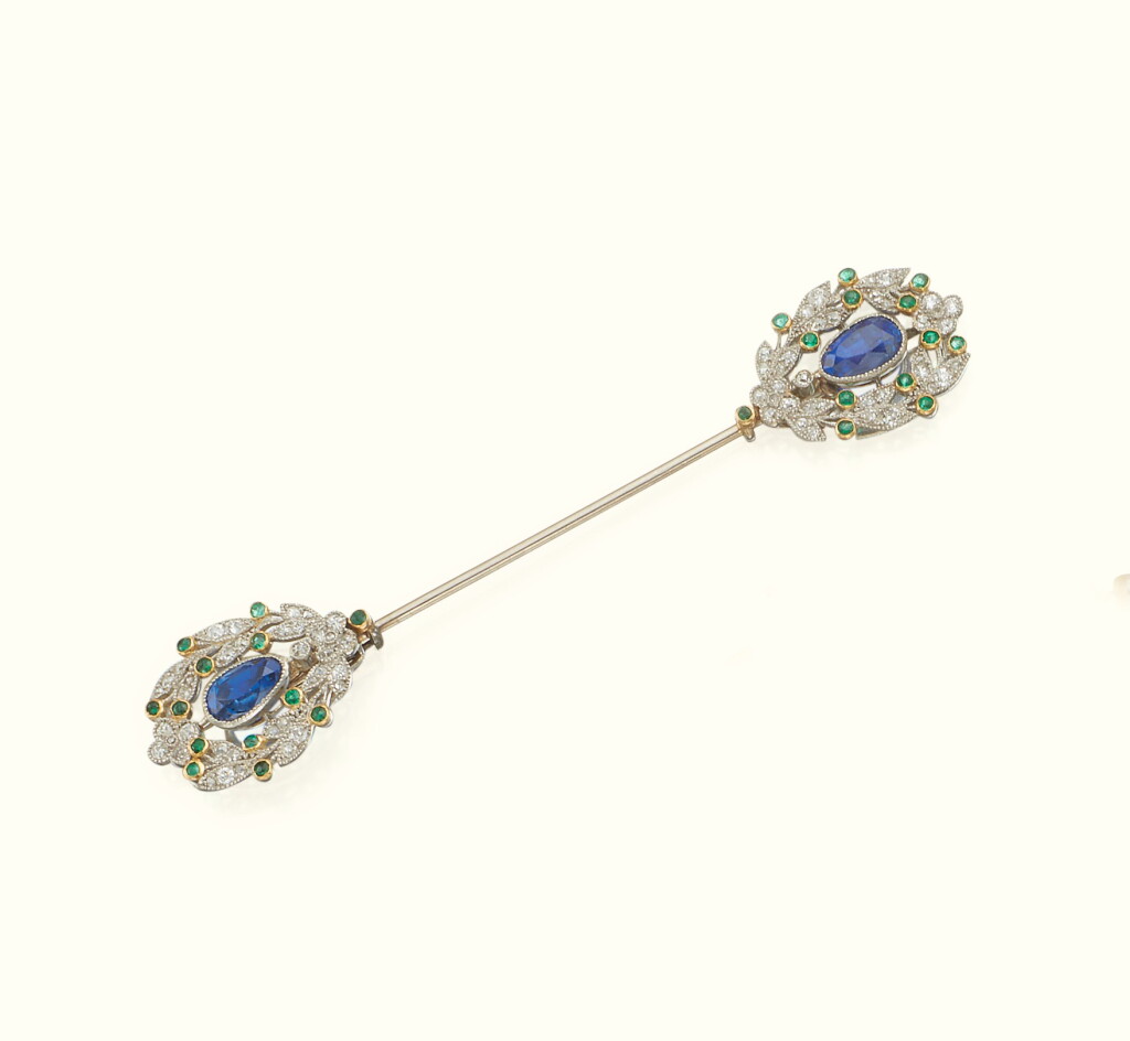 View full screen - View 1 of Lot 44. A PLATINUM, SAPPHIRE, AND DIAMOND JABOT PIN.