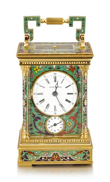 View full screen - View 1 of Lot 210. L'EPÉE | A GILT BRASS AND CHAMPLEVÉ ENAMEL STRIKING CLOCK WITH TOURBILLON AND ALARM, RETAILED BY GARRARD, CIRCA 1980.
