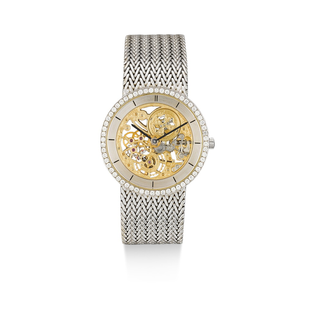 View full screen - View 1 of Lot 148. VACHERON CONSTANTIN | A WHITE GOLD AND DIAMOND-SET SKELETONISED BRACELET WATCH, CIRCA 1985.