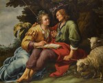 AELBERT JANSZ. VAN DER SCHOOR | A SHEPHERD AND SHEPHERDESS WITH A SONGBOOK IN A LANDSCAPE, THEIR FLOCK BESIDE THEM