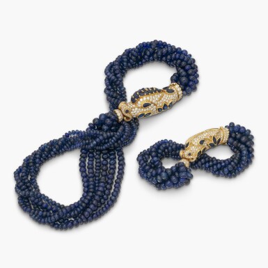 View full screen - View 1 of Lot 513. Sapphire and Diamond Demi-Parure 卡地亞 藍寶石 配 鑽石 項鏈 及 手鏈套裝.