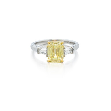 View full screen - View 1 of Lot 388. Fancy Intense Yellow Diamond and Diamond Ring.