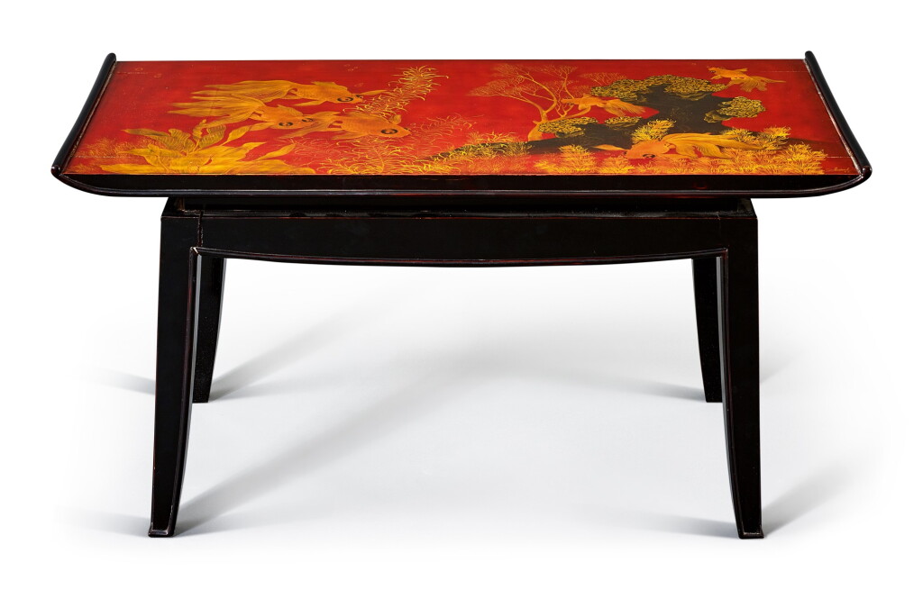 View full screen - View 1 of Lot 2032. Truong Van Thanh | A lacquer coffee table with a lacquer table-top panel decorated with fish 漆畫桌子, 桌上漆畫畫板彩繪金魚.