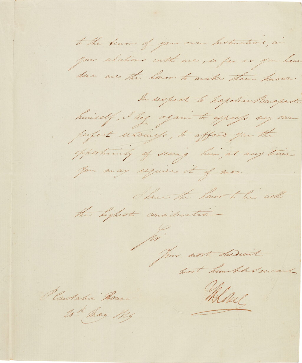 View full screen - View 1 of Lot 65. Hudson Lowe | Letter signed, to Count Balmain, 20 May 1819.