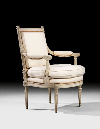 View full screen - View 1 of Lot 130. A set of four Louis XVI carved and grey painted armchairs, attributed to Georges Jacob, circa 1785 | Suite de quatre fauteuils en bois laqué crème d'époque Louis XVI, attribués à Georges Jacob, vers 1785.