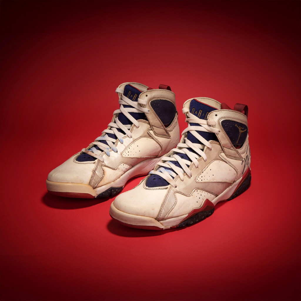 View full screen - View 1 of Lot 23. Michael Jordan Game Worn and Signed 1992 Olympics “Dream Team” Sneakers | Gold Medal Game Provenance.