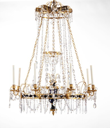 View full screen - View 1 of Lot 139. A gilt-bronze, blue glass and cut crystal glass chandelier, probably North European, late 18th century | Lustre en bronze doré, verre bleu et cristal taillé, travail du Nord de l'Europe de la fin du XVIIIème siècle.