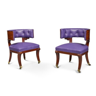 View full screen - View 1 of Lot 101. A Pair of Late Regency Mahogany Klismos Library Chairs, possibly by Gillingtons of Dublin, circa 1815.