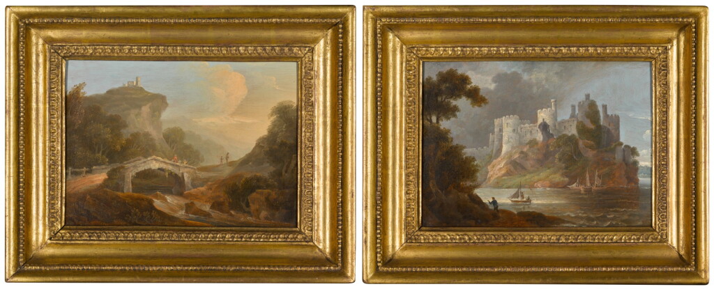 View full screen - View 1 of Lot 85. A river landscape with travellers on a bridge; A view of Conwy Castle, Wales.
