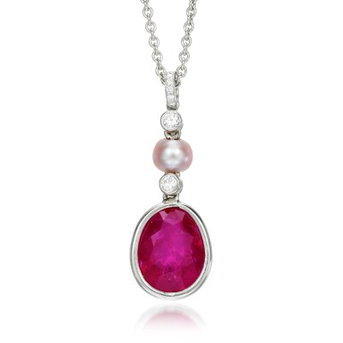 View full screen - View 1 of Lot 166. Ruby, cultured pearl and diamond necklace.