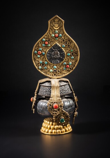 View full screen - View 1 of Lot 32. A turquoise and coral-inlaid silver and gilt copper Kalasha, Tibet, 19th century.