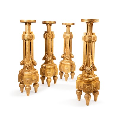 View full screen - View 1 of Lot 403. A set of four late Louis XV carved giltwood torchères, circa 1765-1770.