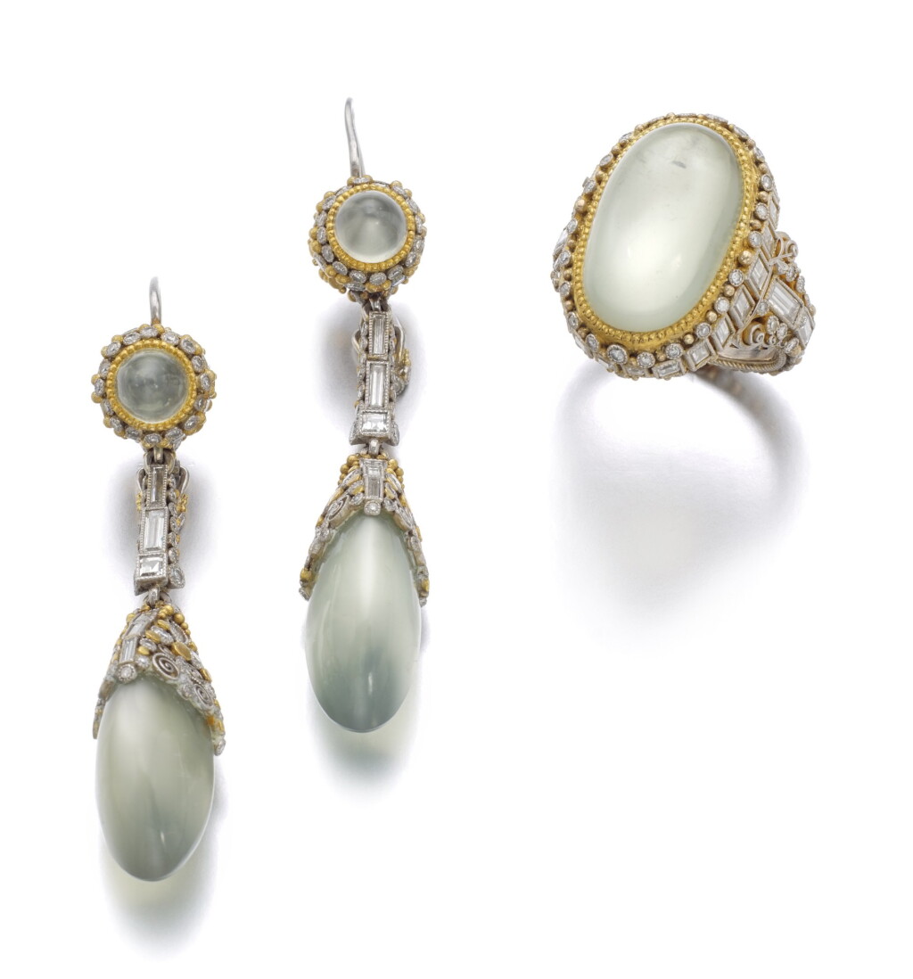 View full screen - View 1 of Lot 83. MOONSTONE AND DIAMOND DEMI-PARURE, ELMAR SEIDLER, 1950s.