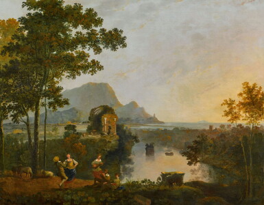 View full screen - View 1 of Lot 200. A coastal landscape with figures dancing at the mouth of a river.