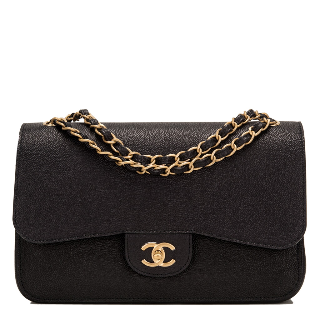 View full screen - View 1 of Lot 62. Chanel "Pure" Jumbo Double Flap Bag of Black Caviar Leather with Gold Tone Hardware.