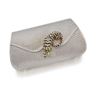 View full screen - View 1 of Lot 464. White Gold and Diamond Evening Bag with a Gold, Enamel, Emerald and Diamond Clasp by David Webb and Matching Accessories.