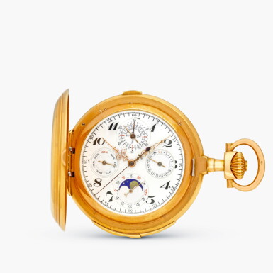 View full screen - View 1 of Lot 2434. A pink gold minute repeating perpetual calendar chronograph hunting case keyless lever watch with 30-minute register, moon phases, leap year and enamel dial, Circa 1905.