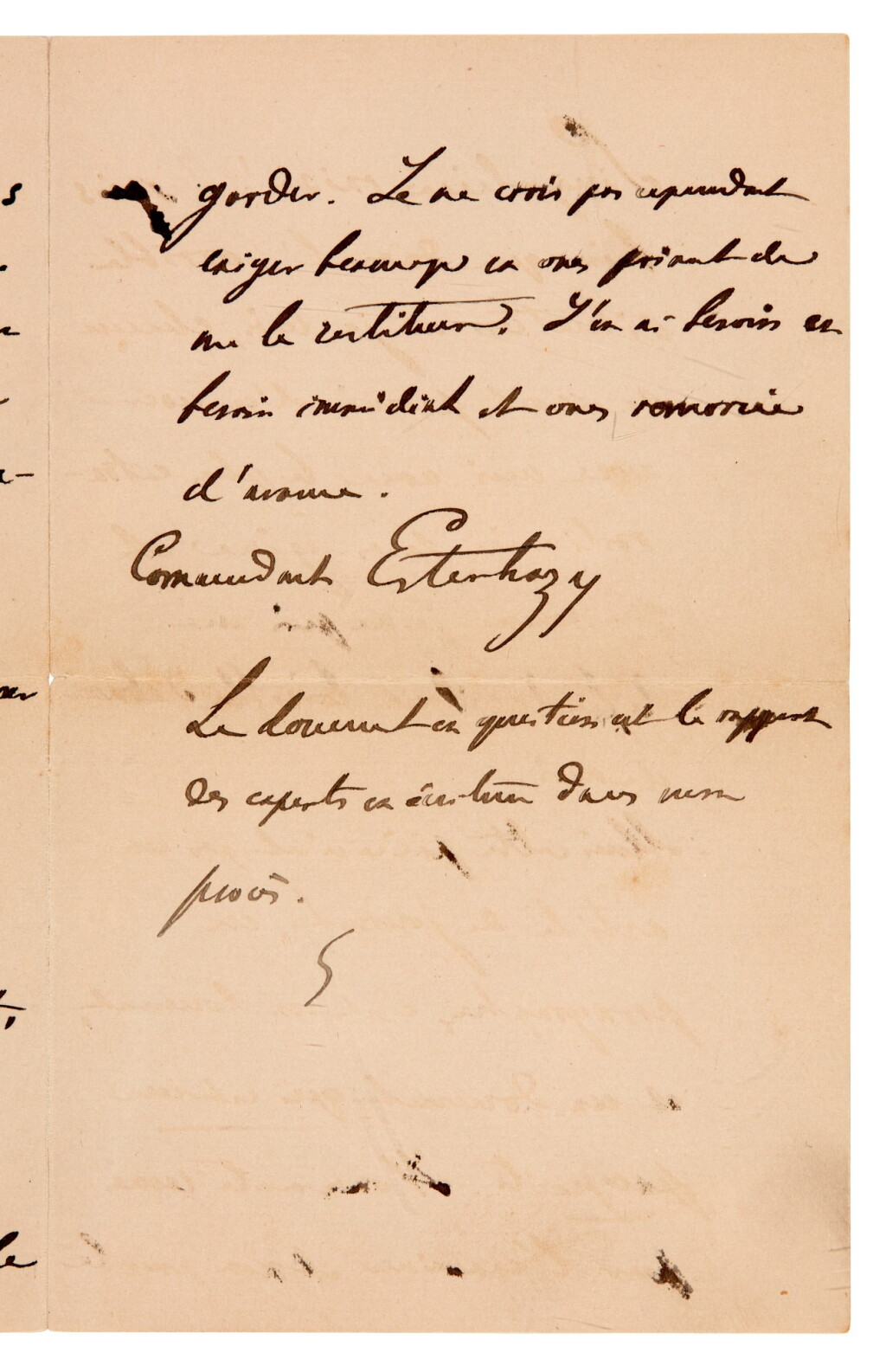 View full screen - View 1 of Lot 38. DREYFUS AFFAIR--ESTERHAZY | autograph letter signed ("Comandant Esterhazy"), about his handwriting, 1899.