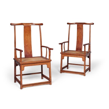 View full screen - View 1 of Lot 57. A pair of large 'huanghuali' yokeback armchairs (Sichutou Guanmaoyi), 20th century.