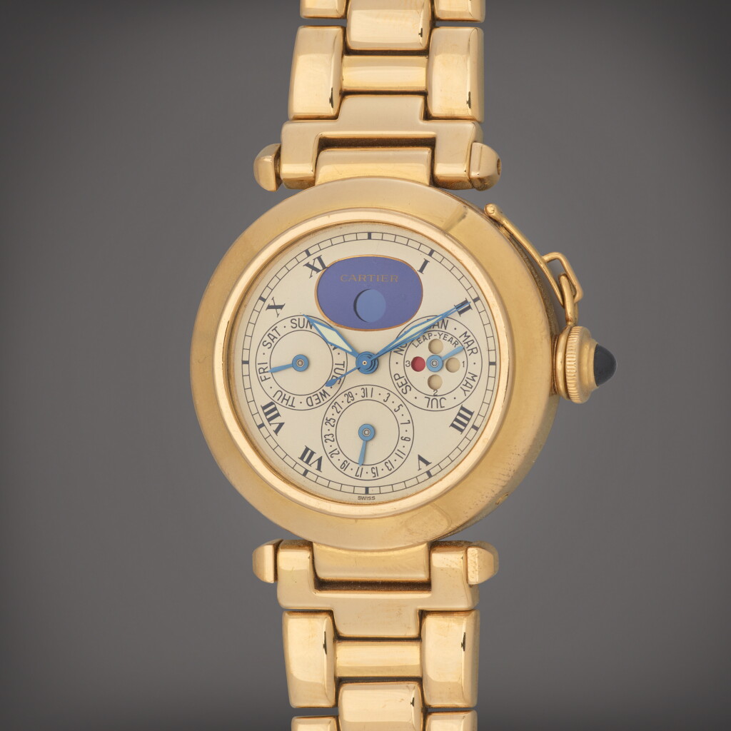 View full screen - View 1 of Lot 132. Pasha, Reference 30003 | A yellow gold perpetual calendar wristwatch with moon phases, leap year indication and bracelet | Circa 1986.