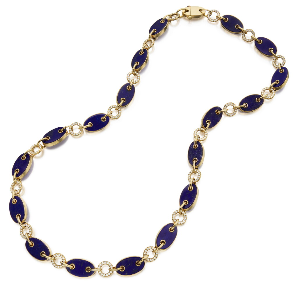 View full screen - View 1 of Lot 424. GOLD, LAPIS LAZULI AND DIAMOND 'MARINE LINK' NECKLACE, ALETTO BROTHERS.