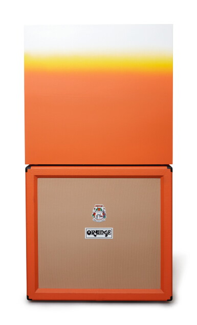 View full screen - View 1 of Lot 179. KAZ OSHIRO | ORANGE SPEAKER CABINET WITH BOX (ORANGE, YELLOW AND WHITE).