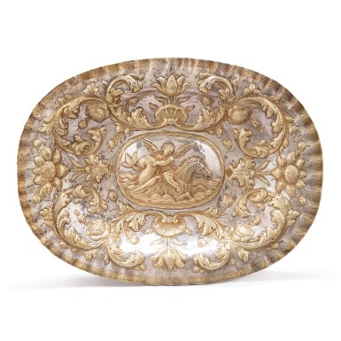 View full screen - View 1 of Lot 277. A rare parcel-gilt silver salver, Mokejev, Moscow, 1721-22.