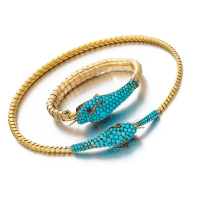 View full screen - View 1 of Lot 7. Turquoise, diamond and garnet demi-parure (Demi-parure in turchese, granati e diamanti).