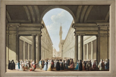 View full screen - View 1 of Lot 102. A View of the Uffizi and the Piazza della Signoria, Florence, with elegant figures, some in Venetian costume, in the foreground.